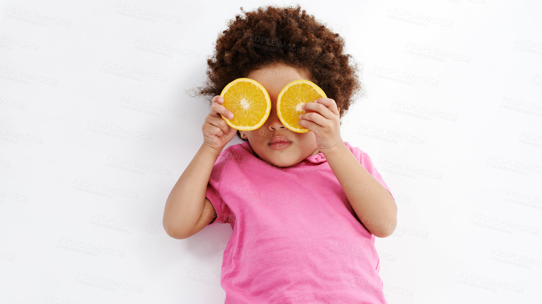 Buy stock photo Studio, fruit and child with orange for wellness, health and vitamin c for nutrition with mockup space. Relax, young boy and cover eyes with citrus by white background for fiber, detox and backdrop