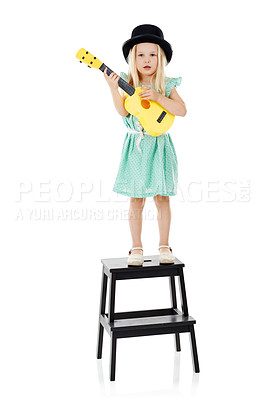 Buy stock photo Fashion, guitar and portrait of child in studio on step for playing music, practice and learning songs. Childhood, creative and isolated young girl with musical instrument toy on white background