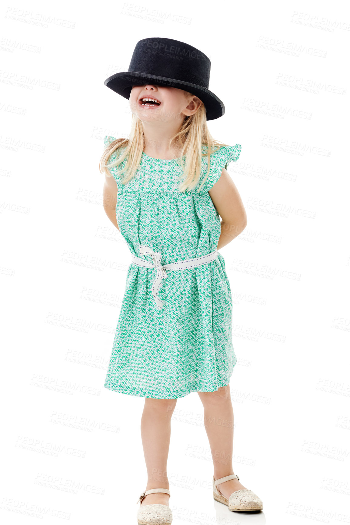 Buy stock photo Studio, happy girl and child with hat for fashion, dress up and fantasy style for halloween concert. Mockup space, joyful kid and model with confidence for cool outfit, accessory and white background