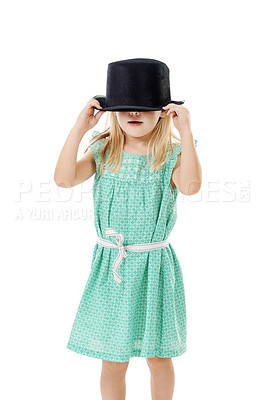 Buy stock photo Studio, hands and child with hat for fashion, dress up and fantasy style for halloween concert. Mockup space, young girl and character with confidence for cool clothes, accessory and white background