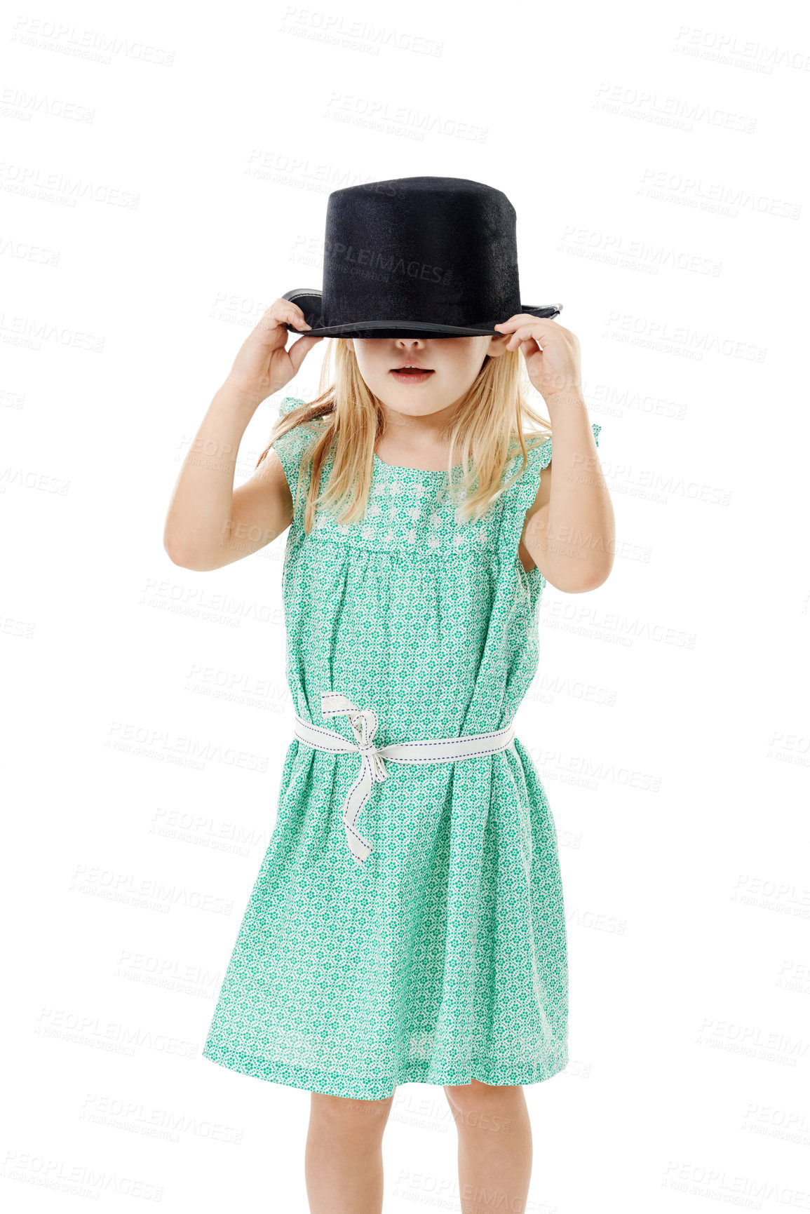 Buy stock photo Studio, hands and child with hat for fashion, dress up and fantasy style for halloween concert. Mockup space, young girl and character with confidence for cool clothes, accessory and white background