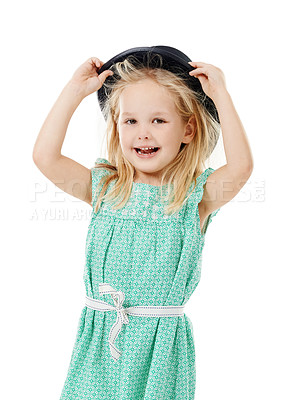 Buy stock photo Studio, portrait and girl with hat for fashion, dress up and fantasy style for halloween concert. Childhood, young kid and character with confidence for cool clothes, accessory and white background