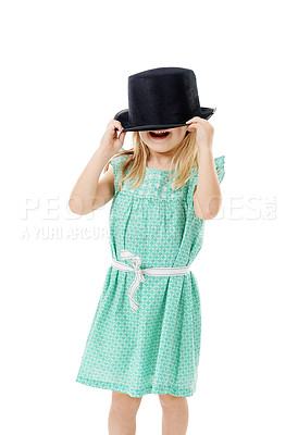 Buy stock photo Studio, hide and girl with hat for fashion, dress up and fantasy style for halloween concert. Childhood, young child and character with confidence for cool clothes, accessory and white background