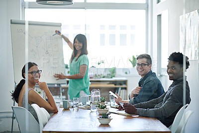 Buy stock photo Training, education and presentation on a whiteboard with diverse group of creative businesspeople in boardroom meeting. Portrait of smiling manager and team learning, brainstorming or planning ideas