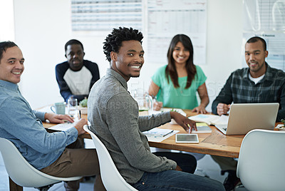 Buy stock photo People, employees and happy in boardroom for workshop or training on portrait for skill development. Office, technology and smile with confidence for team building and collaboration for career growth