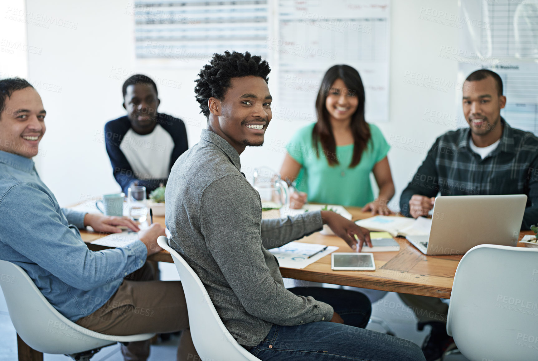 Buy stock photo People, employees and happy in boardroom for workshop or training on portrait for skill development. Office, technology and smile with confidence for team building and collaboration for career growth