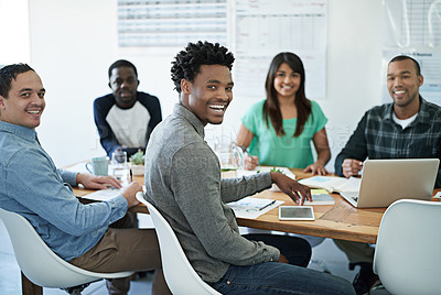 Buy stock photo Teamwork, strategy and growth of a modern business team working together on a project. Portrait of smiling office workers in a meeting with motivation. Development of a successful group collaboration