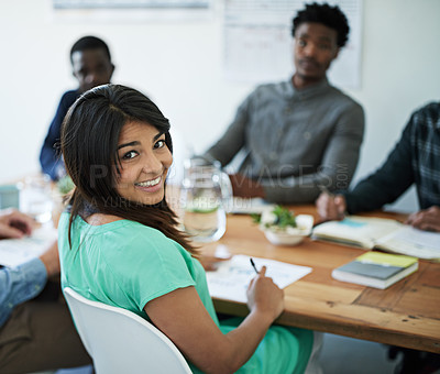 Buy stock photo Woman, portrait and happy in boardroom for workshop or training on meeting for skill development. People, employees and smile with confidence for team building and collaboration for career growth