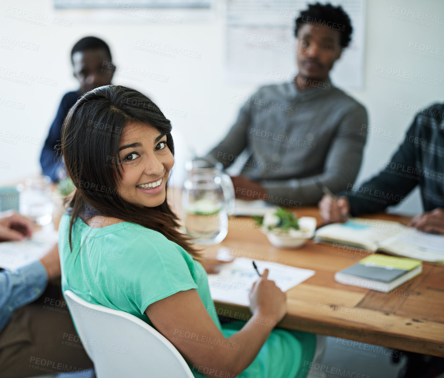 Buy stock photo Woman, portrait and happy in boardroom for workshop or training on meeting for skill development. People, employees and smile with confidence for team building and collaboration for career growth