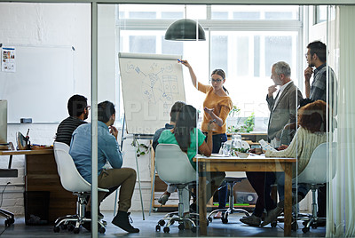 Buy stock photo Motivation, innovation and teamwork during a presentation and marketing meeting in an office boardroom. Creative businesspeople discussing their company vision and development under good leadership