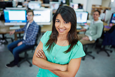 Buy stock photo Portrait, arms crossed and woman in office, intern and proud with smile, coworking and business. Creative, graphic designer and opportunity in agency, happy and confidence of person in startup