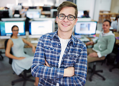 Buy stock photo Man, confident and creative in office for portrait, smile and happiness for web design career in start up business. Professional, crossed arms and proud employee in workplace, ux designer and company