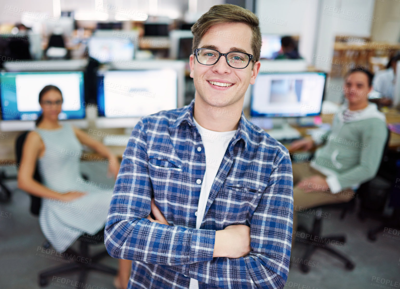 Buy stock photo Man, confident and creative in office for portrait, smile and happiness for web design career in start up business. Professional, crossed arms and proud employee in workplace, ux designer and company