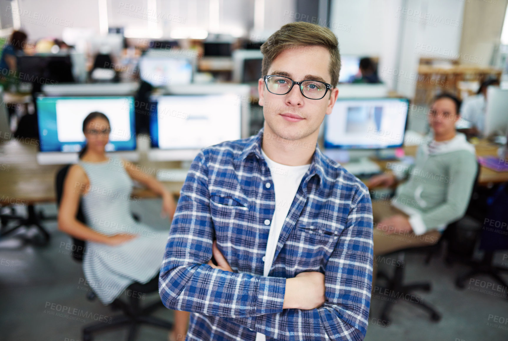 Buy stock photo Portrait, arms crossed and creative man confident, employee or agency with glasses, coworking and business. Office, graphic designer and opportunity to learn for intern, proud and person in startup