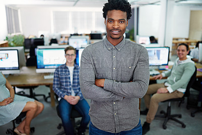 Buy stock photo Portrait, creative and black man with arms crossed, office and employee in business, coworking and proud. Happy, graphic designer and opportunity to learn for intern, confident and person in startup