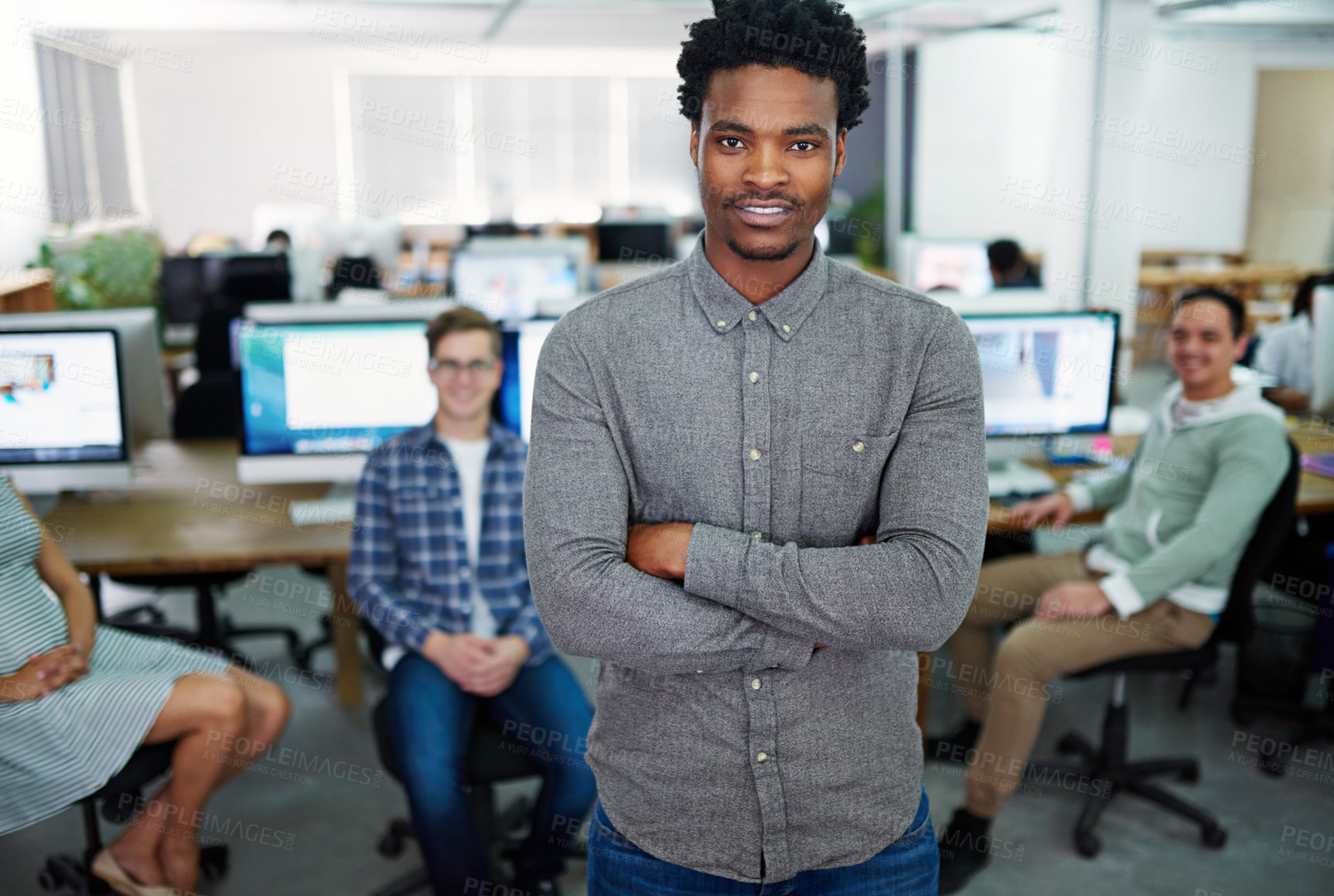 Buy stock photo Portrait, creative and black man with arms crossed, office and employee in business, coworking and proud. Happy, graphic designer and opportunity to learn for intern, confident and person in startup