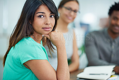 Buy stock photo Business woman, serious and portrait in office with colleagues for meeting, design ideas and notes. Female designer, face and coworking in marketing agency for strategy plan, teamwork and creativity