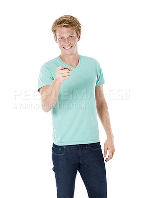 Buy stock photo Man, portrait and pointing for advertisement, student registration and college opportunity in studio. Happy, offer and to you hand gesture for choice, university and sign up with white background