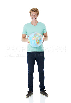 Buy stock photo Environment, globe and portrait of man in studio for world travel, planet sustainability or geography map. Earth, casual and male person with global sphere on isolated by white background in Canada