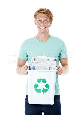 Buy stock photo Man, volunteer and garbage bin for recycling, green activism and littering with clean sustainability. Climate change, paper and white studio background for pollution, ecology and accountability