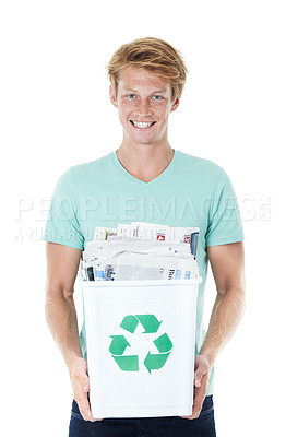 Buy stock photo Man, volunteer and trash bin for recycling, green activism and littering with clean sustainability. Climate change, newspaper and white studio background for pollution, ecology and accountability