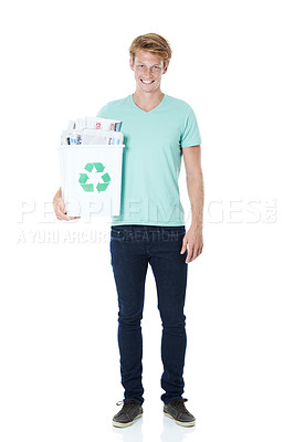 Buy stock photo Man, bin and recycling paper in studio with smile, accountability and portrait for waste by white background. Person, volunteer and container with newspaper, icon and cleaning with garbage in Ireland