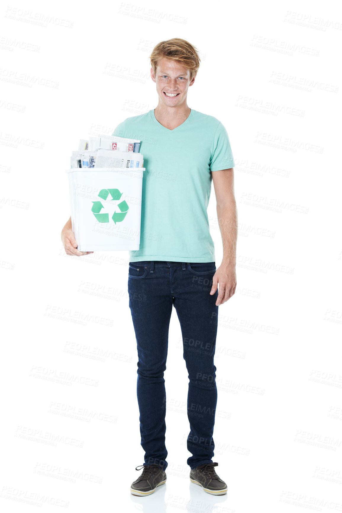 Buy stock photo Man, bin and recycling paper in studio with smile, accountability and portrait for waste by white background. Person, volunteer and container with newspaper, icon and cleaning with garbage in Ireland