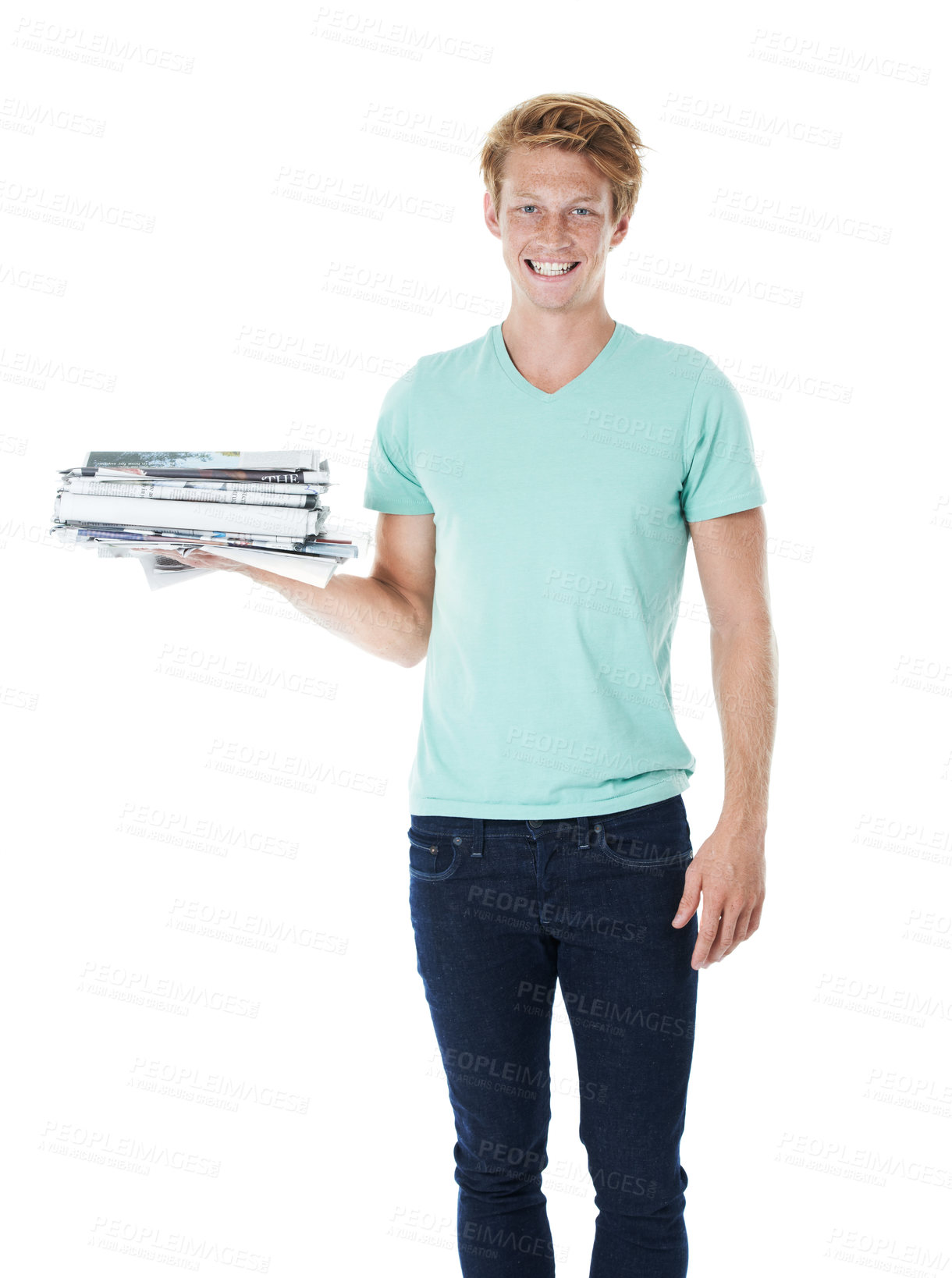 Buy stock photo Happy man, portrait and newspaper with magazine for recycling, global warming or reproduction on a white studio background. Young, male person or model with smile for community or volunteering post