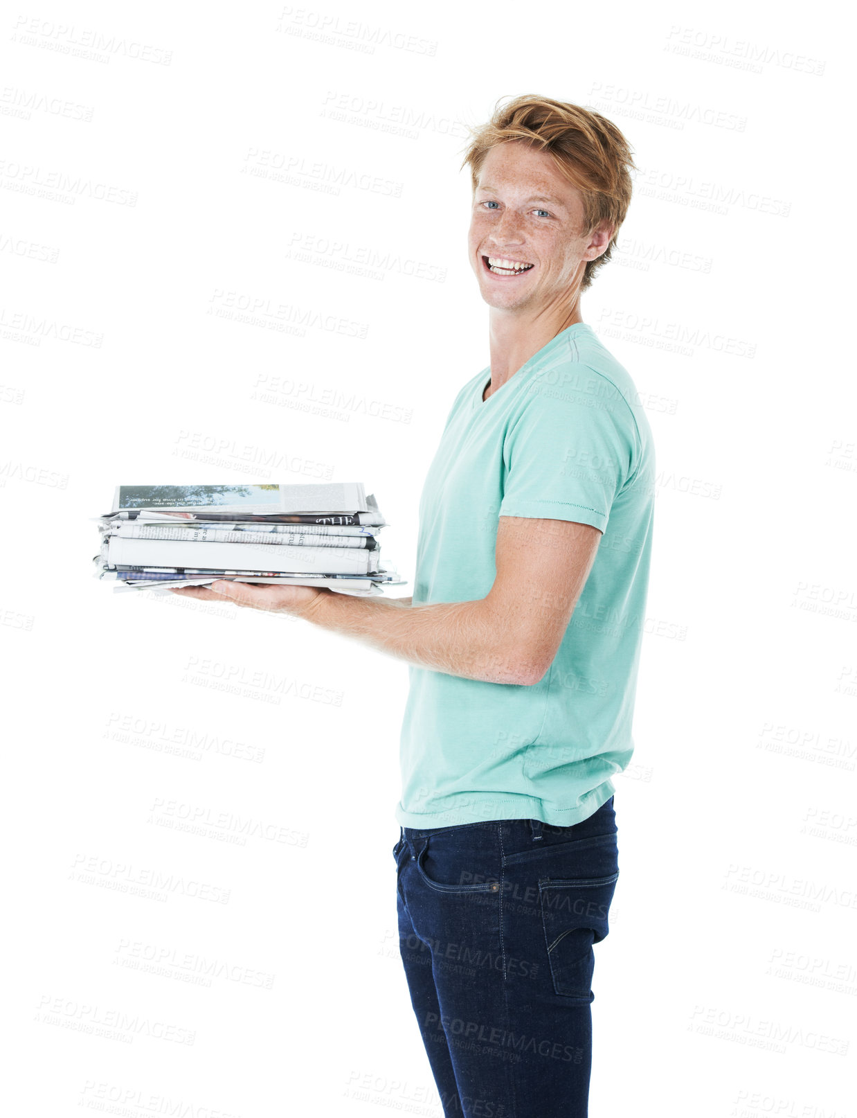 Buy stock photo Happy man, portrait and newspaper with pile for recycling, global warming or reproduction on a white studio background. Young, male person or model with smile or magazine for reuse or volunteering