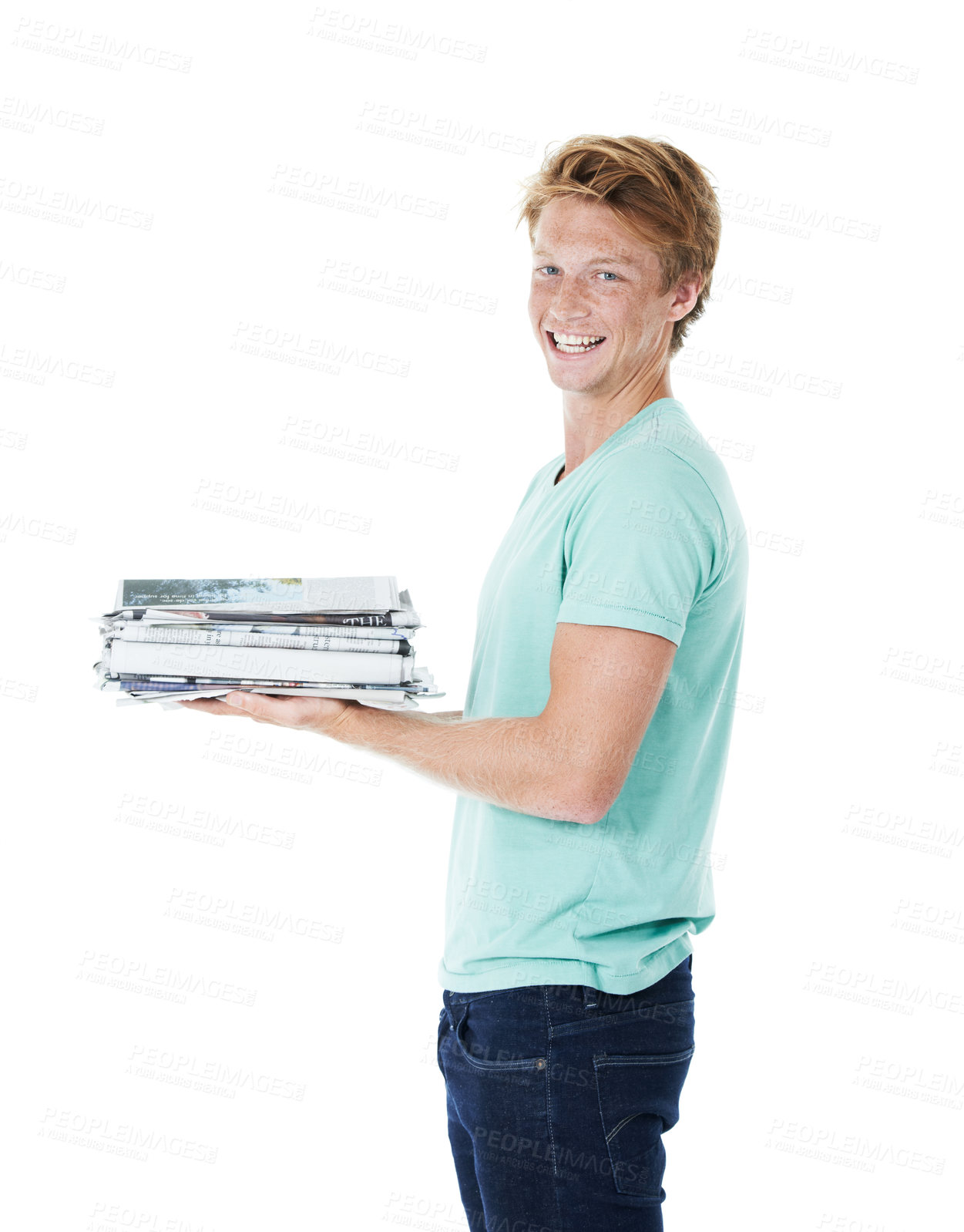 Buy stock photo Happy man, portrait and newspaper with books for recycling, global warming or reproduction on a white studio background. Young, male person or model with smile for community or volunteering post