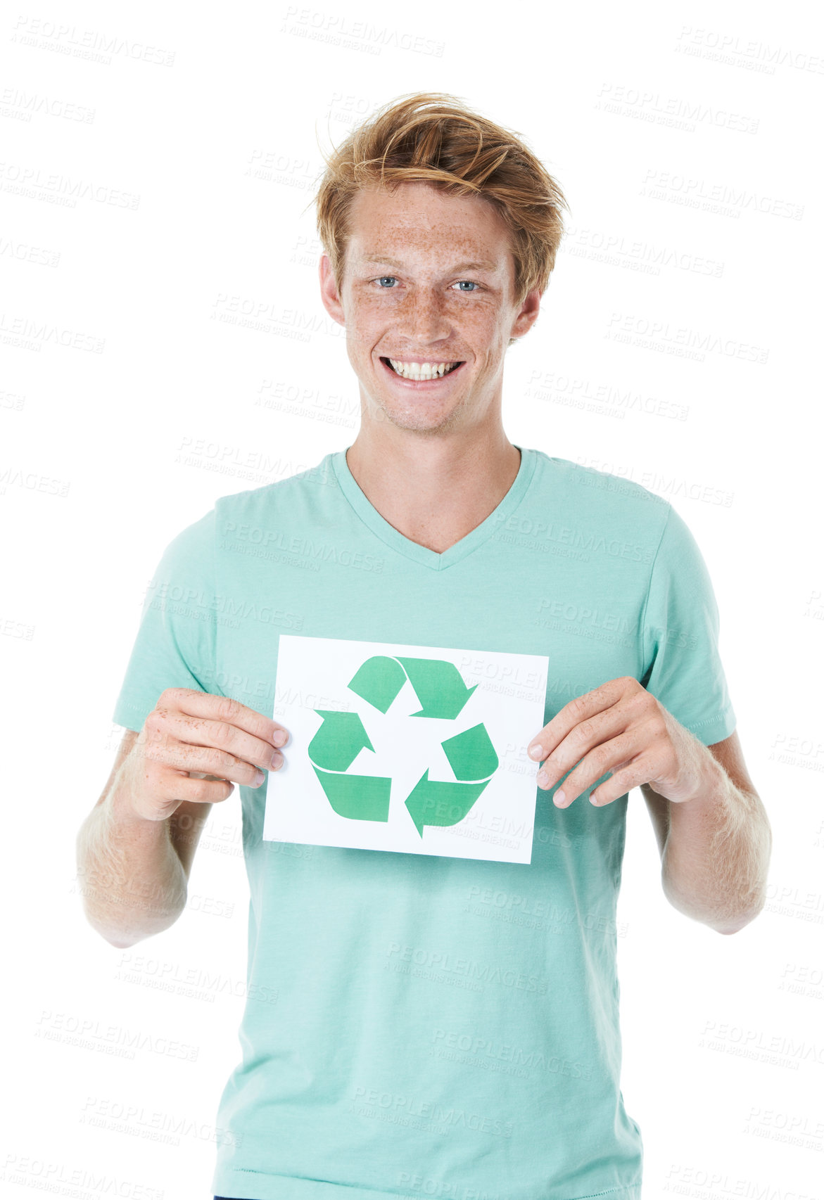 Buy stock photo Happy man, portrait and recycle with poster or logo for global warming, reproduction or reuse on a white studio background. Young model, male person or volunteer with sign or symbol for eco planet