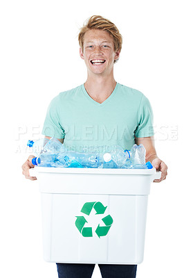 Buy stock photo Happy man, portrait and recycle with bin for global warming, reproduction or reuse on a white studio background. Young model, male person or volunteer with plastic bottles in bucket for eco planet