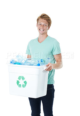 Buy stock photo Happy man, portrait and recycle with bin for plastic bottles or global warming on a white studio background. Young model, male person or volunteer with reusable material in bucket for eco planet