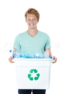 Buy stock photo Happy man, portrait and recycle with plastic bottles for global warming on a white studio background. Young model, male person or volunteer with reusable material in bucket or bin for eco planet