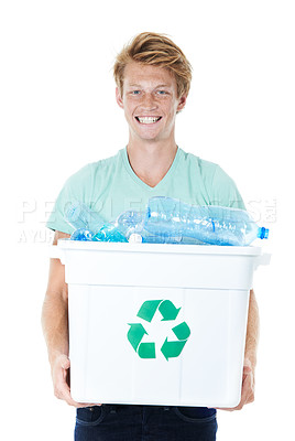 Buy stock photo Happy man, portrait and recycling with plastic bottles in bin for global warming on a white studio background. Young model, male person or volunteer with reusable material in bucket for eco planet