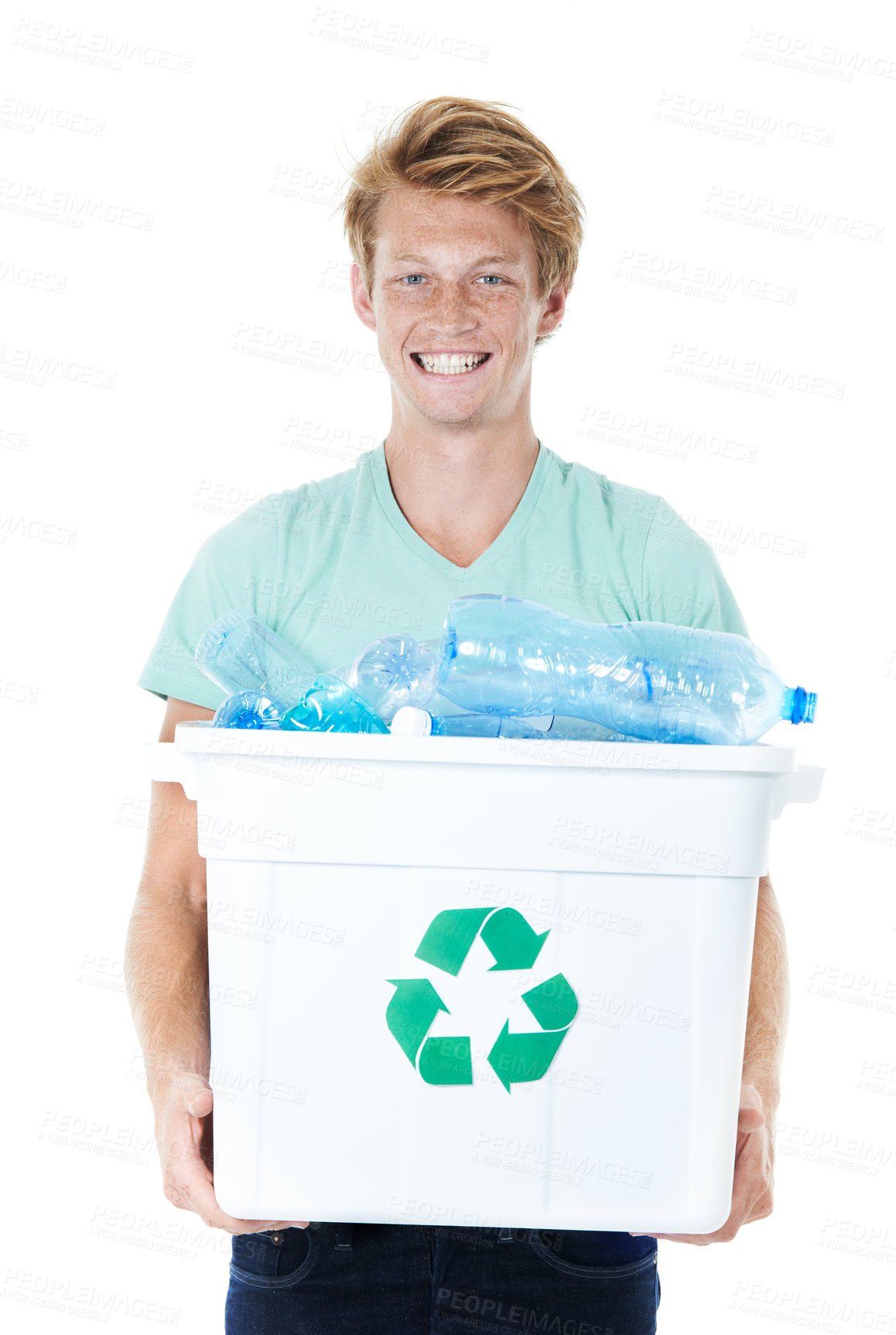 Buy stock photo Happy man, portrait and recycling with plastic bottles in bin for global warming on a white studio background. Young model, male person or volunteer with reusable material in bucket for eco planet