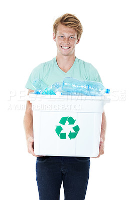 Buy stock photo Happy man, portrait and recycling with bin for global warming on a white studio background. Young model, male person or volunteer with plastic bottles and reusable material in bucket for eco planet