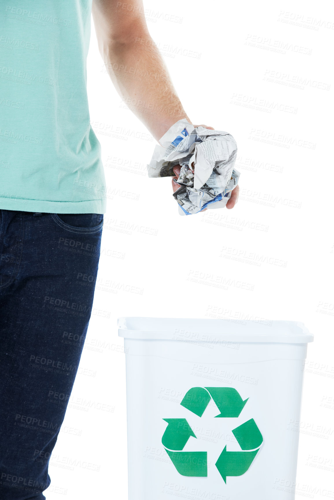 Buy stock photo Hand, bin and recycling paper in studio with smile, accountability or symbol for waste by white background. Person, volunteer and container with newspaper, icon and cleaning garbage to stop pollution