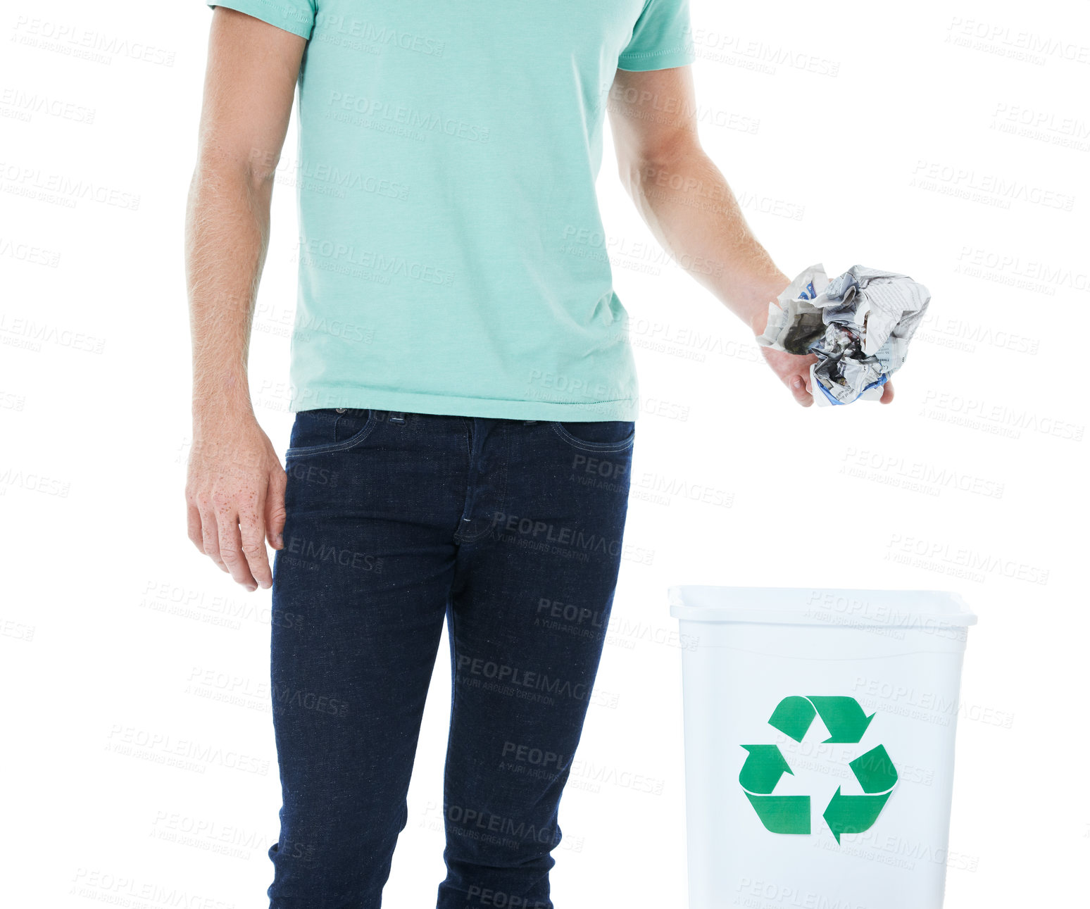 Buy stock photo Hand, bin and waste paper in studio with trash, accountability or recycling symbol by white background. Person, volunteer and container with newspaper, scrap or cleaning garbage with green arrow icon