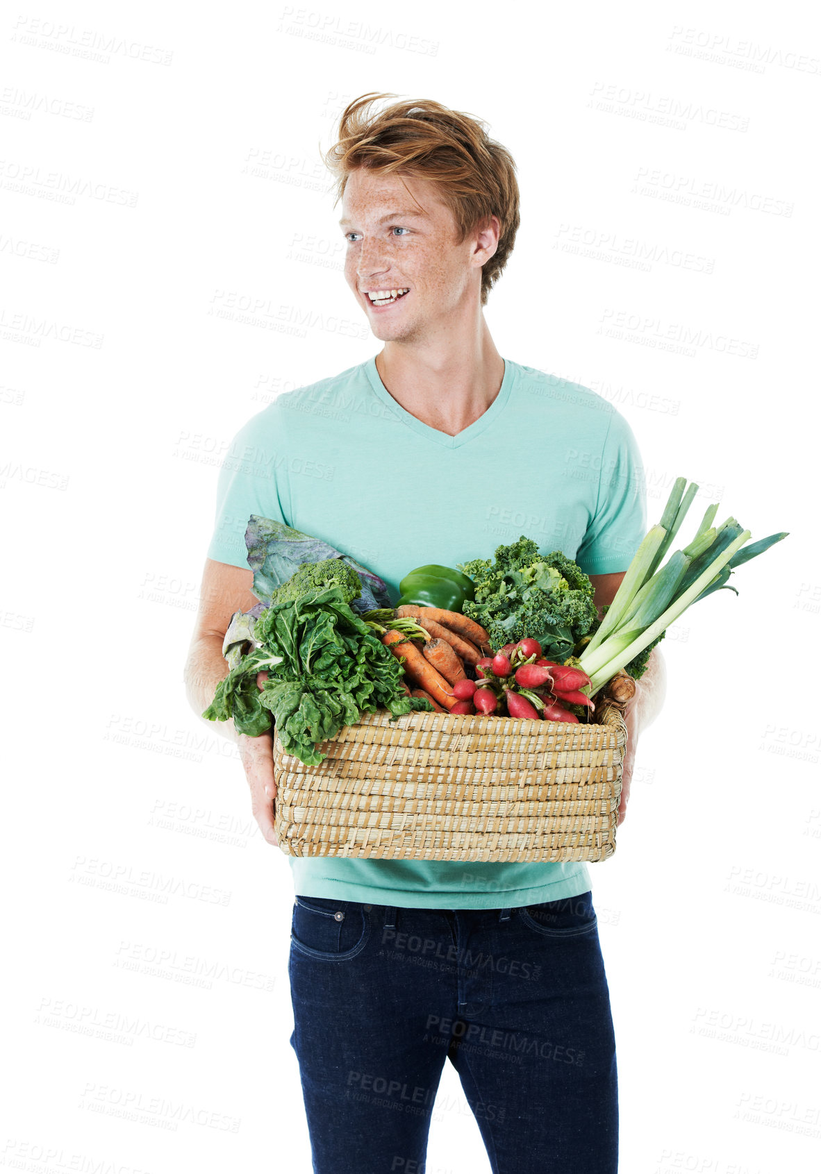 Buy stock photo Man, vegetables and basket in studio, shopping or smile for organic produce by white background. Person, thinking and container with groceries, nutrition or sale for vegan diet with discount for food