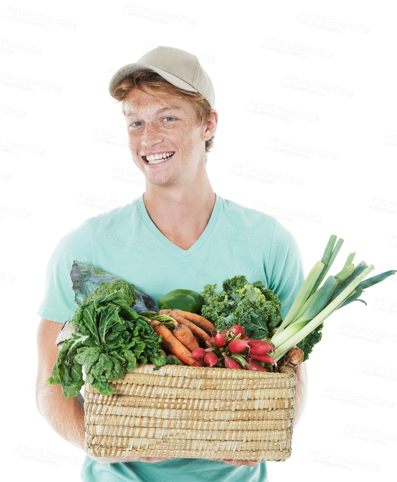 Buy stock photo Man, portrait and basket with vegetables in studio for eco friendly small business and fresh produce on mockup. Sustainability, face or person with smile for healthy food supplier on white background