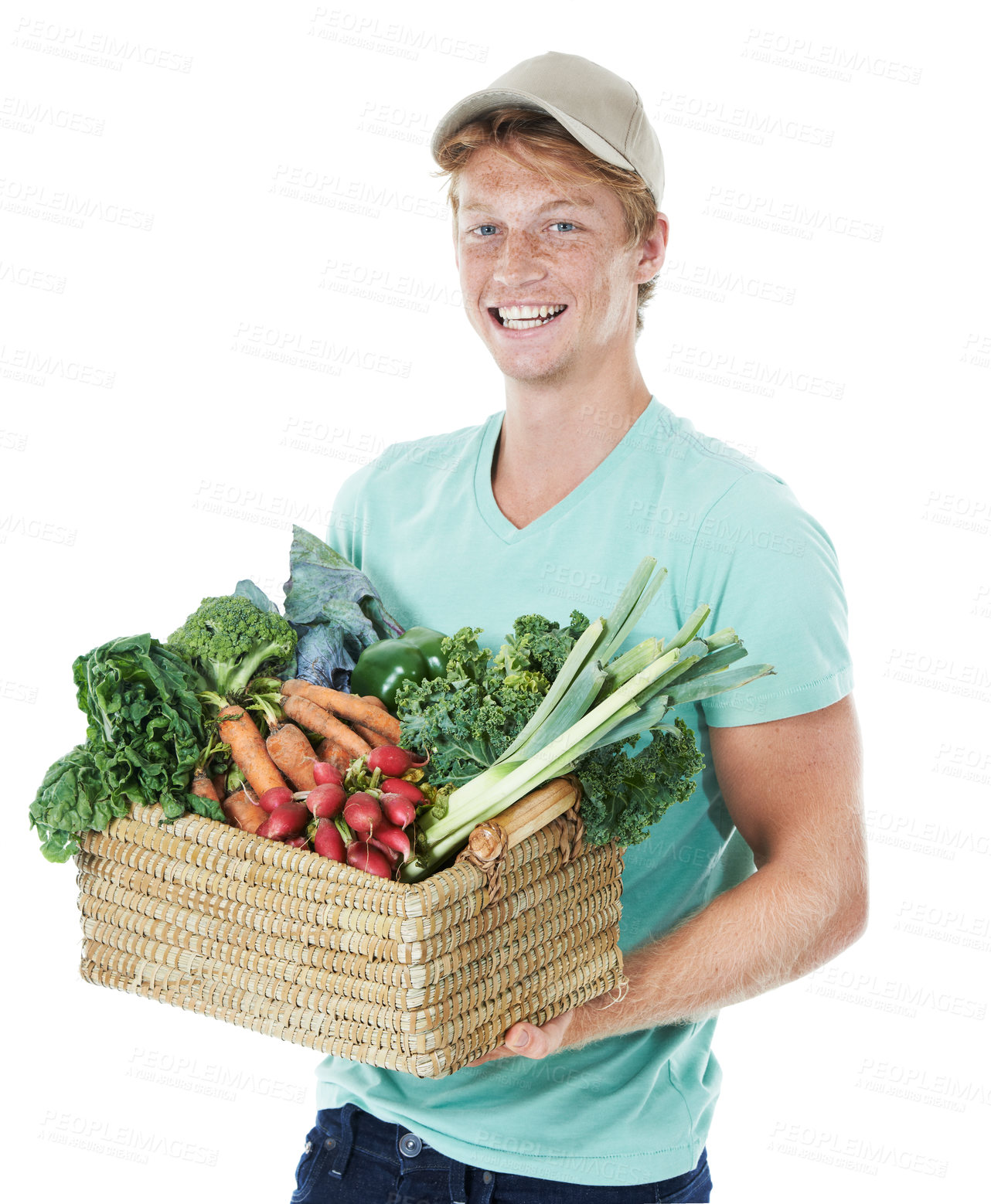 Buy stock photo Man, portrait and smile with vegetables in studio for eco friendly small business and fresh produce on mockup. Sustainability, face or person with basket for healthy food supplier on white background