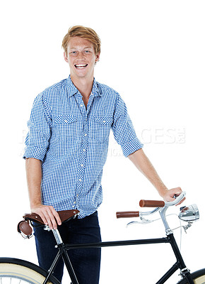 Buy stock photo Bicycle, portrait and young man with laugh and eco friendly transport to university in studio. Sustainability, happy and travel with cycling and carbon neutral college student with white background