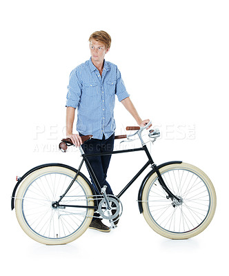 Buy stock photo Thinking, man and bicycle for transportation, calm and model isolated on white studio background. Person, traveller and guy with cyclist, thoughts and eco friendly with ideas, aesthetic and wonder