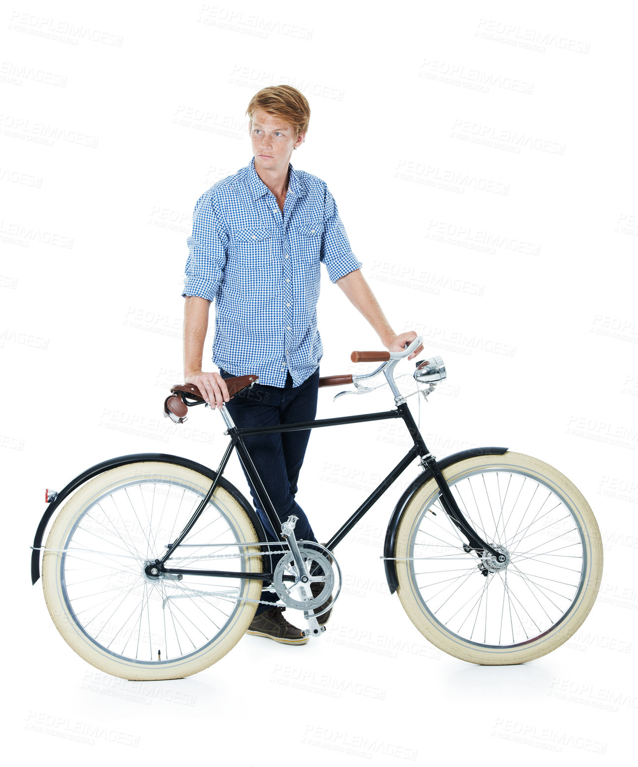 Buy stock photo Thinking, man and bicycle for transportation, calm and model isolated on white studio background. Person, traveller and guy with cyclist, thoughts and eco friendly with ideas, aesthetic and wonder