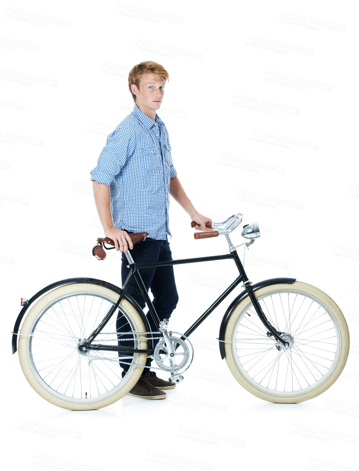 Buy stock photo Bicycle, portrait and young man with wellness and eco friendly transport to university in studio. Sustainability, serious and travel with body and carbon neutral college student with white background