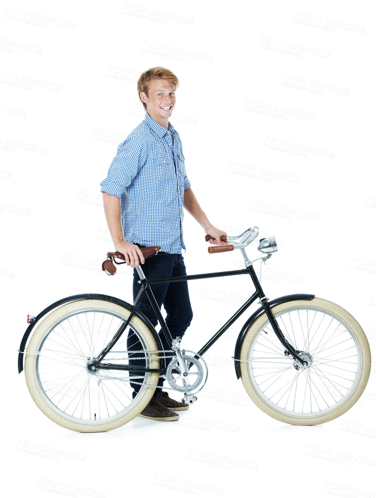 Buy stock photo Bike, portrait and young man with smile and eco friendly transport to university in studio. Sustainability, happy and travel with cycling and carbon neutral college student with white background