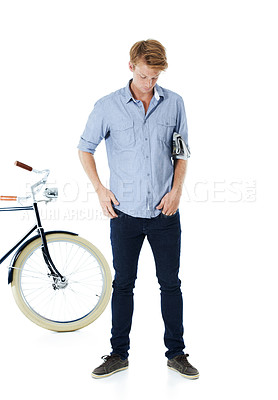 Buy stock photo Thinking, man and bicycle with travel, calm and model isolated on white studio background. Person, eco friendly and guy with cyclist, thoughts and environment with ideas, aesthetic and transportation