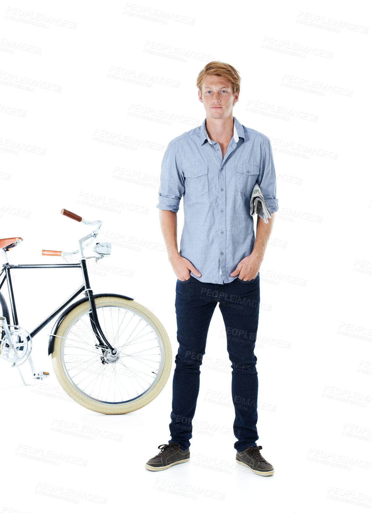 Buy stock photo Portrait, confidence and man with bicycle for fashion, eco friendly transport and trendy style. Casual, person and vintage bike for cycling, journey or newspaper on white studio background in Ireland