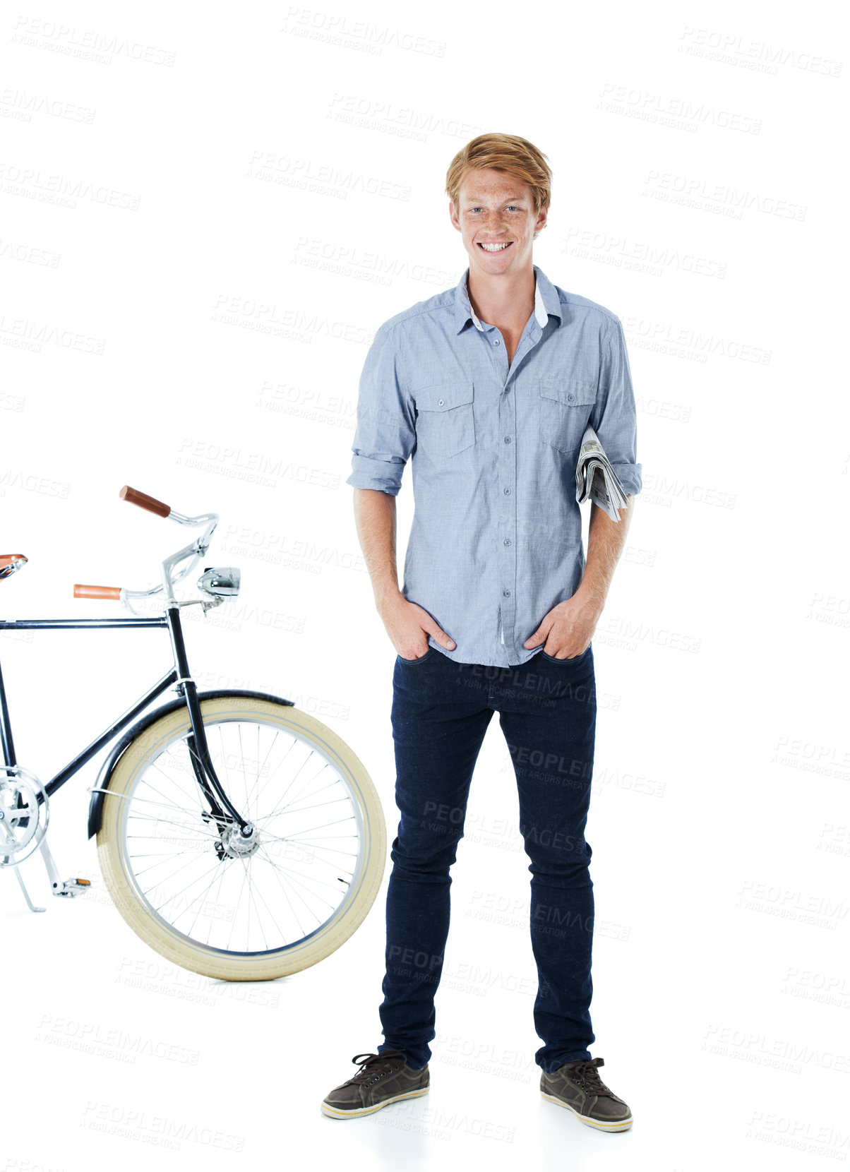 Buy stock photo Portrait, smile and man with bicycle for fashion, eco friendly transport and trendy style. Confidence, person and vintage bike for cycling, travel or newspaper on white studio background in Ireland